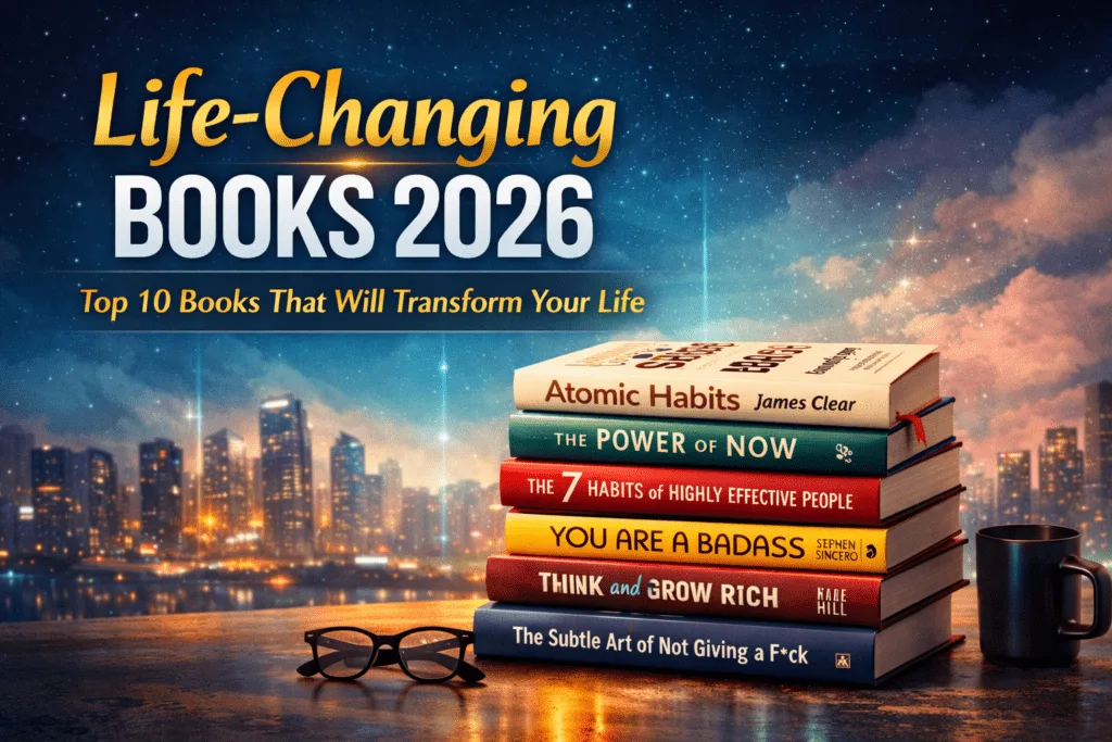 Stack of inspirational self-help books with city skyline background promoting life-changing books to read in 2026