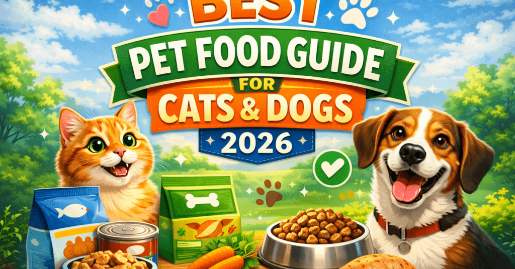 Illustration of a happy cat and dog with pet food bowls, representing the best pet food guide for cats and dogs