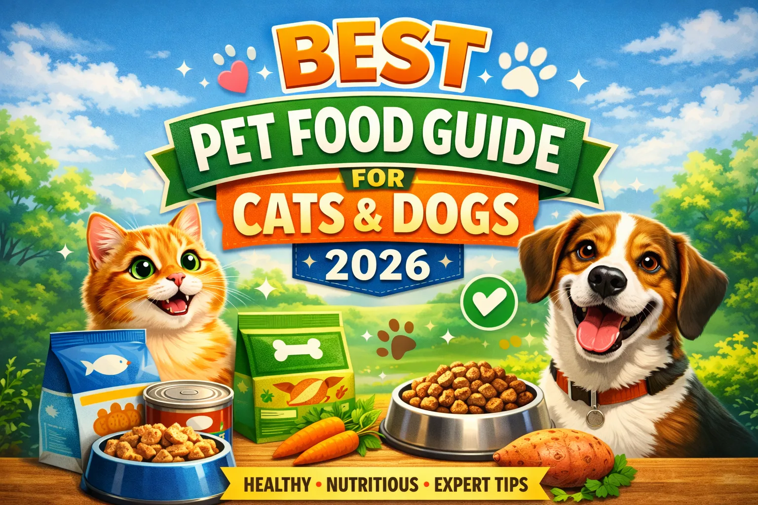 Illustration of a happy cat and dog with pet food bowls, representing the best pet food guide for cats and dogs