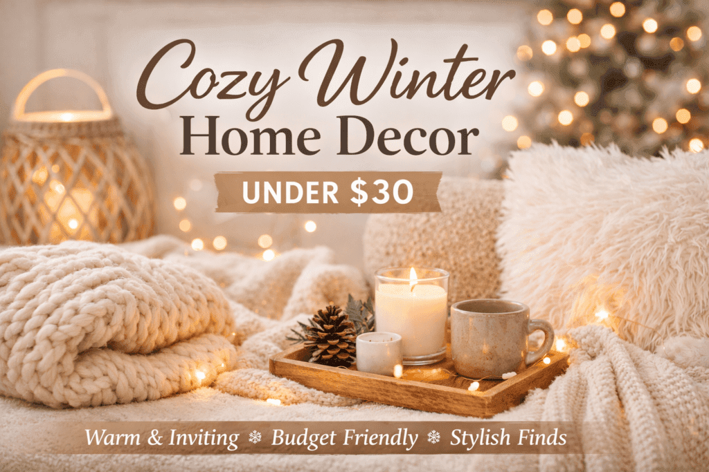 Warm lighting, soft textures, and cozy winter home decor on a budget.
