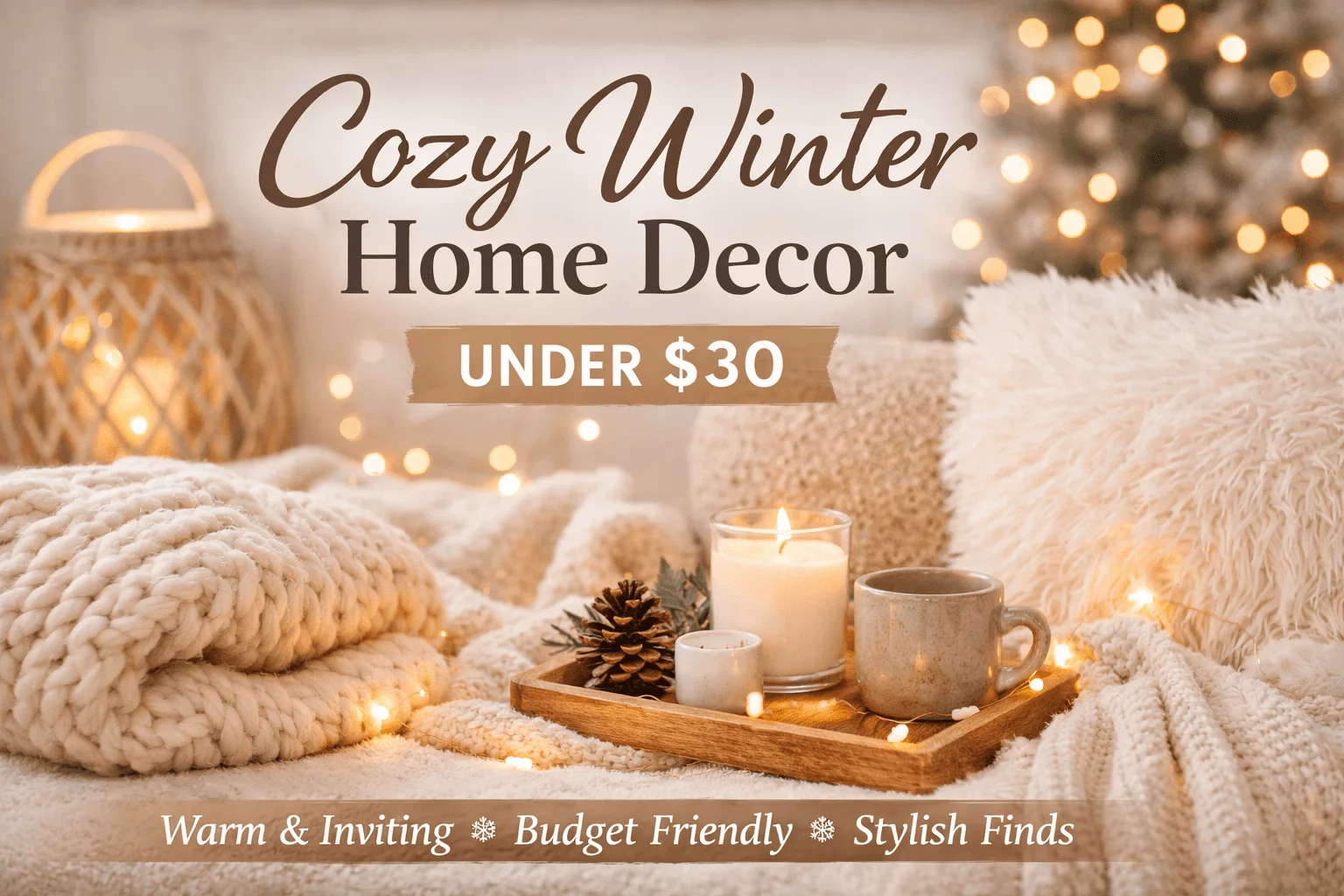 Warm lighting, soft textures, and cozy winter home decor on a budget.