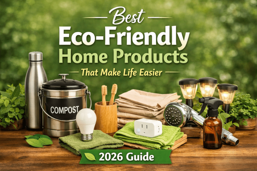 Eco-friendly home products including reusable bottle, compost bin, bamboo toothbrush, LED bulb, and solar lights on wooden table.