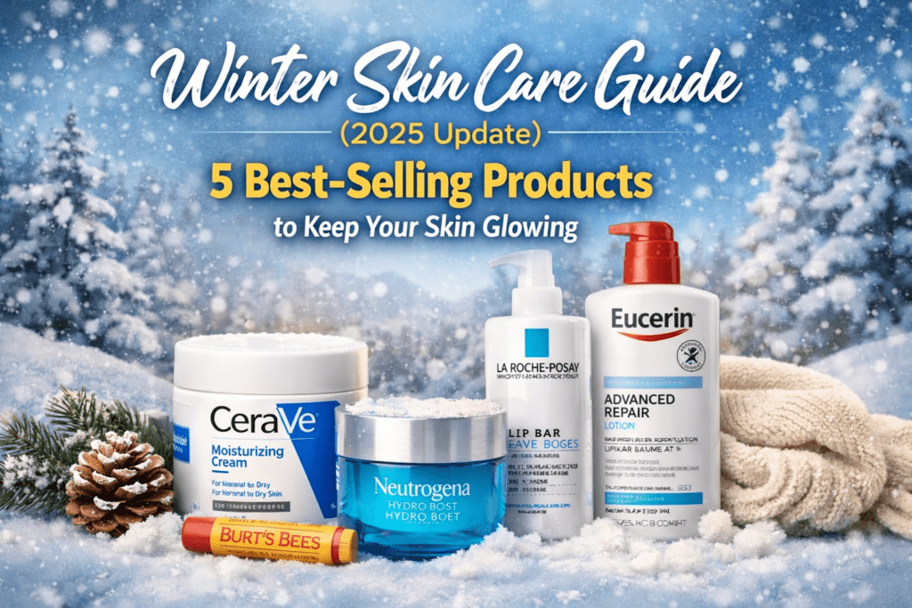 Winter skin care products for dry skin including moisturizer, lip balm and hydration cream