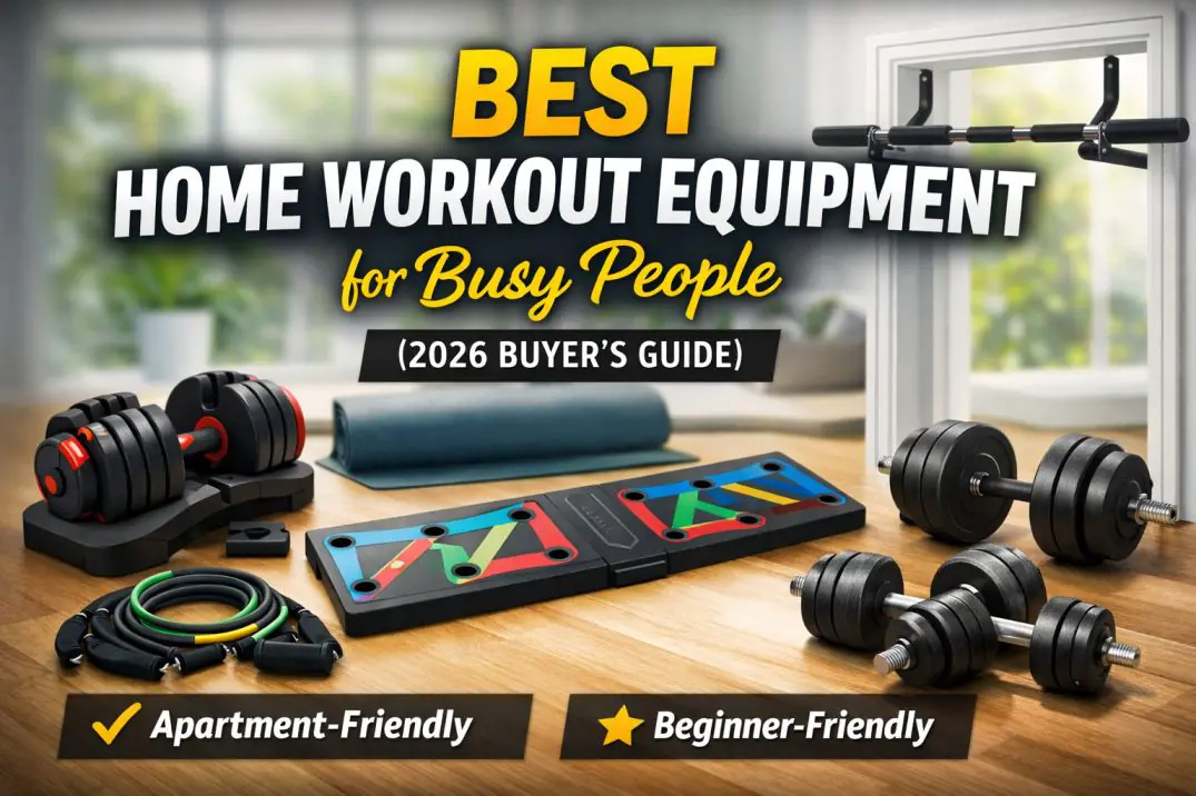 Best home workout equipment for busy people including resistance bands, adjustable dumbbells, push-up board, and pull-up bar in a small apartment setup
