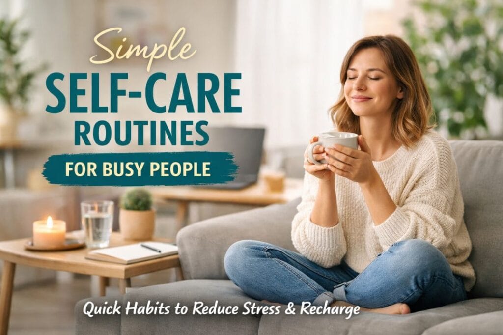 self-care routines for busy people practicing simple stress relief at home